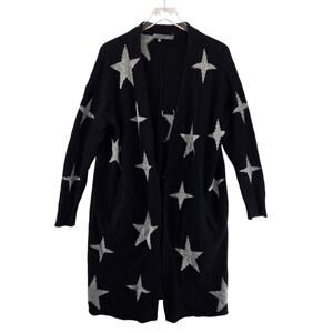 360 Sweater Longline Open Cardigan Sweater Large Wool Cashmere Black Gray Stars